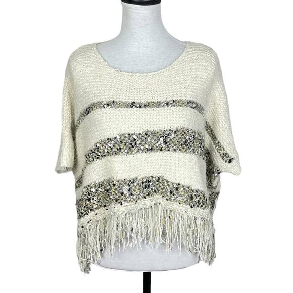 Moth | Anthropologie NWT White Soft Chunky Knit Metallic Stripe Fringe Sweater - Picture 1 of 12